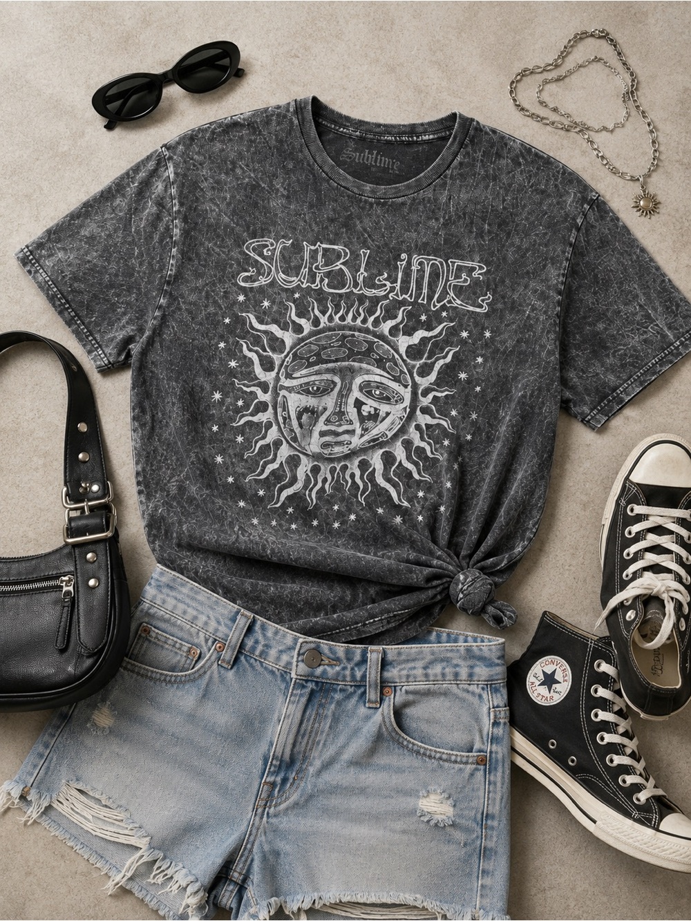 Sublime | Acid Wash Sun Graphic Tee | Vintage Grunge Y2K Celestial Oversized - Picture 2 of 6
